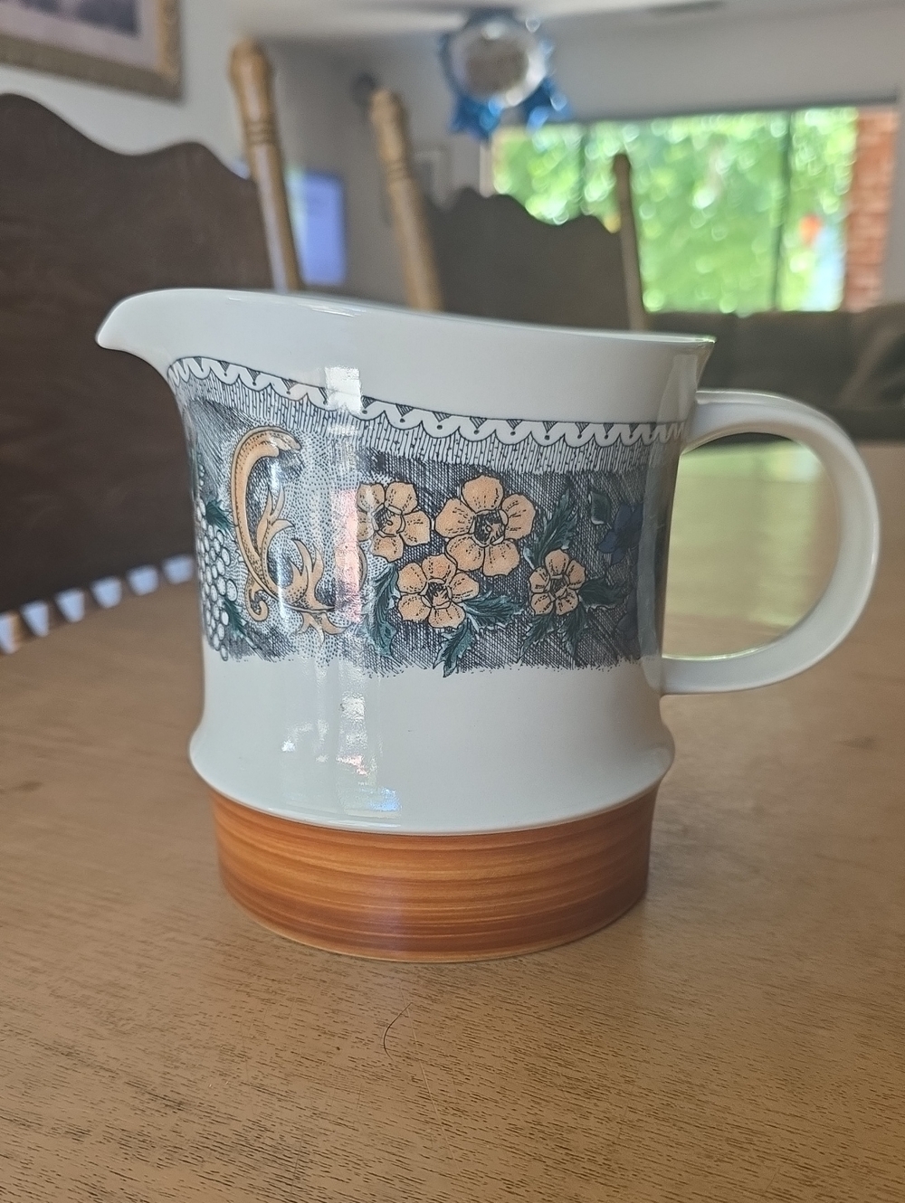Floral Accent Ceramic Pitcher in White and Brown